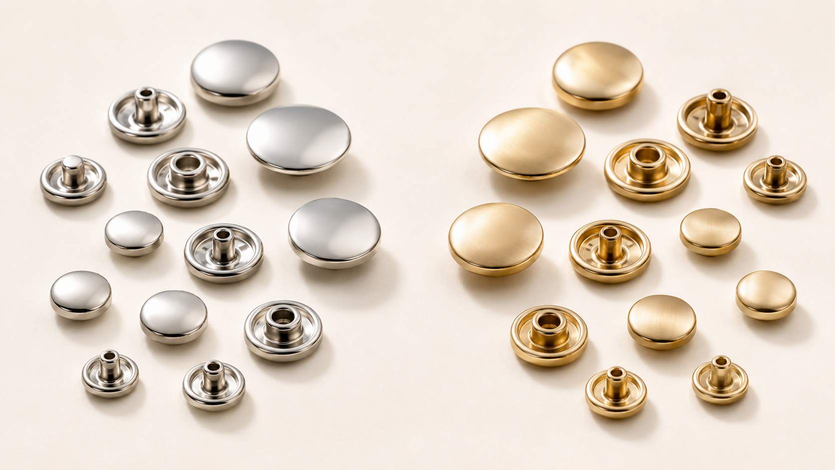 button press, Button press components in gold and silver finishes are displayed in several sizes on a light surface.